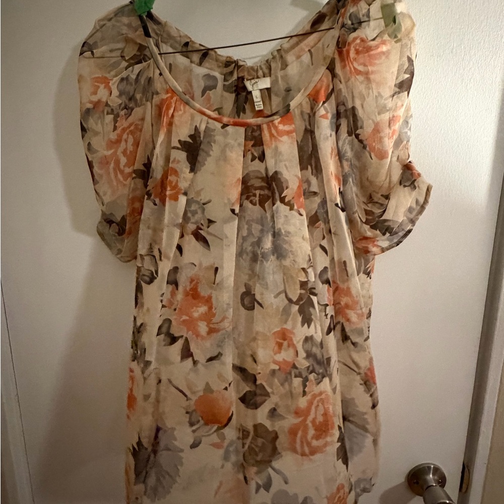 Joie Beige Floral Chiffon Tunic with Orange & Gray Print